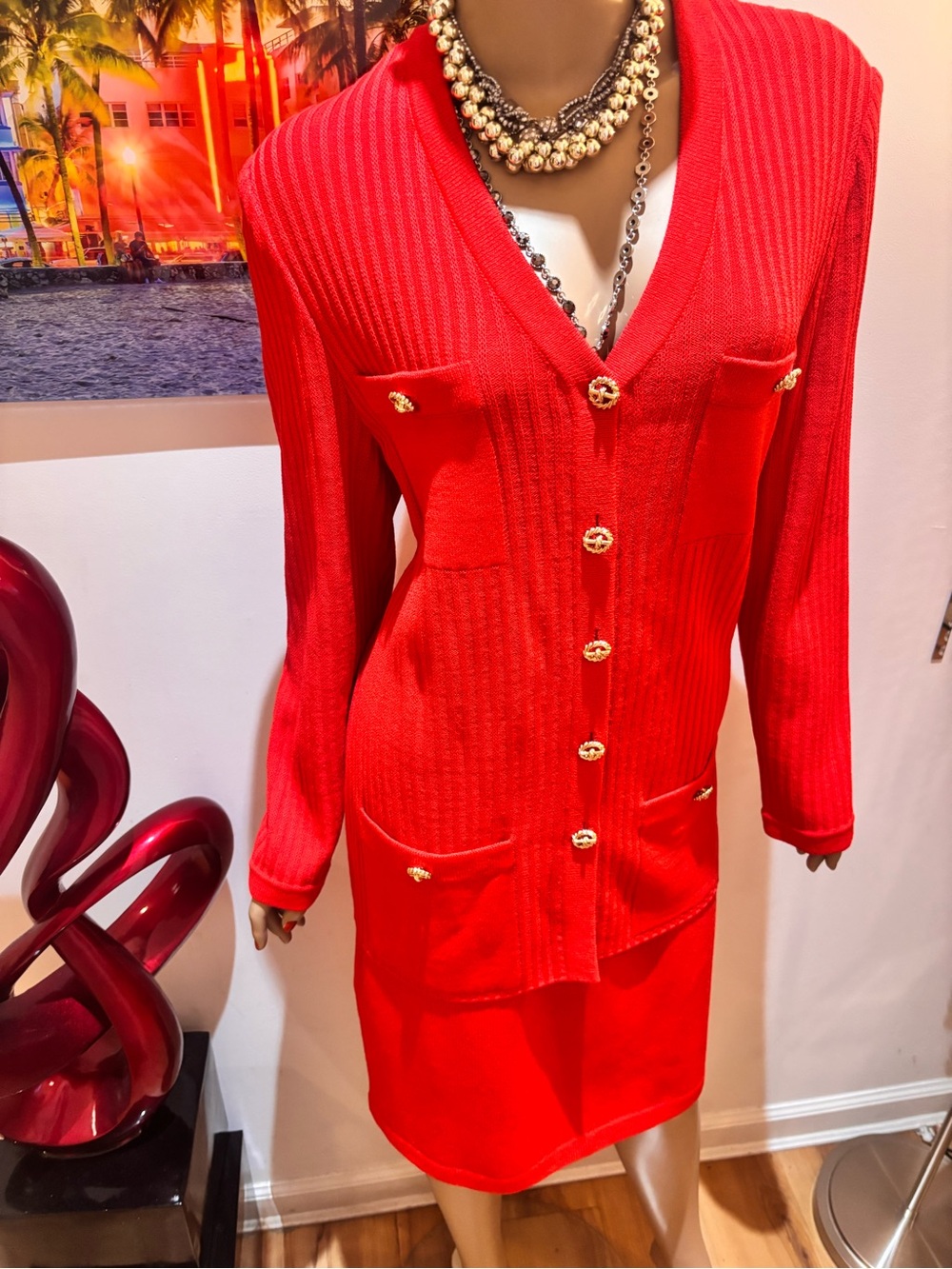 St. John Red Orange coral Knit Blazer 12 L Jacket Gold Buttons embellished